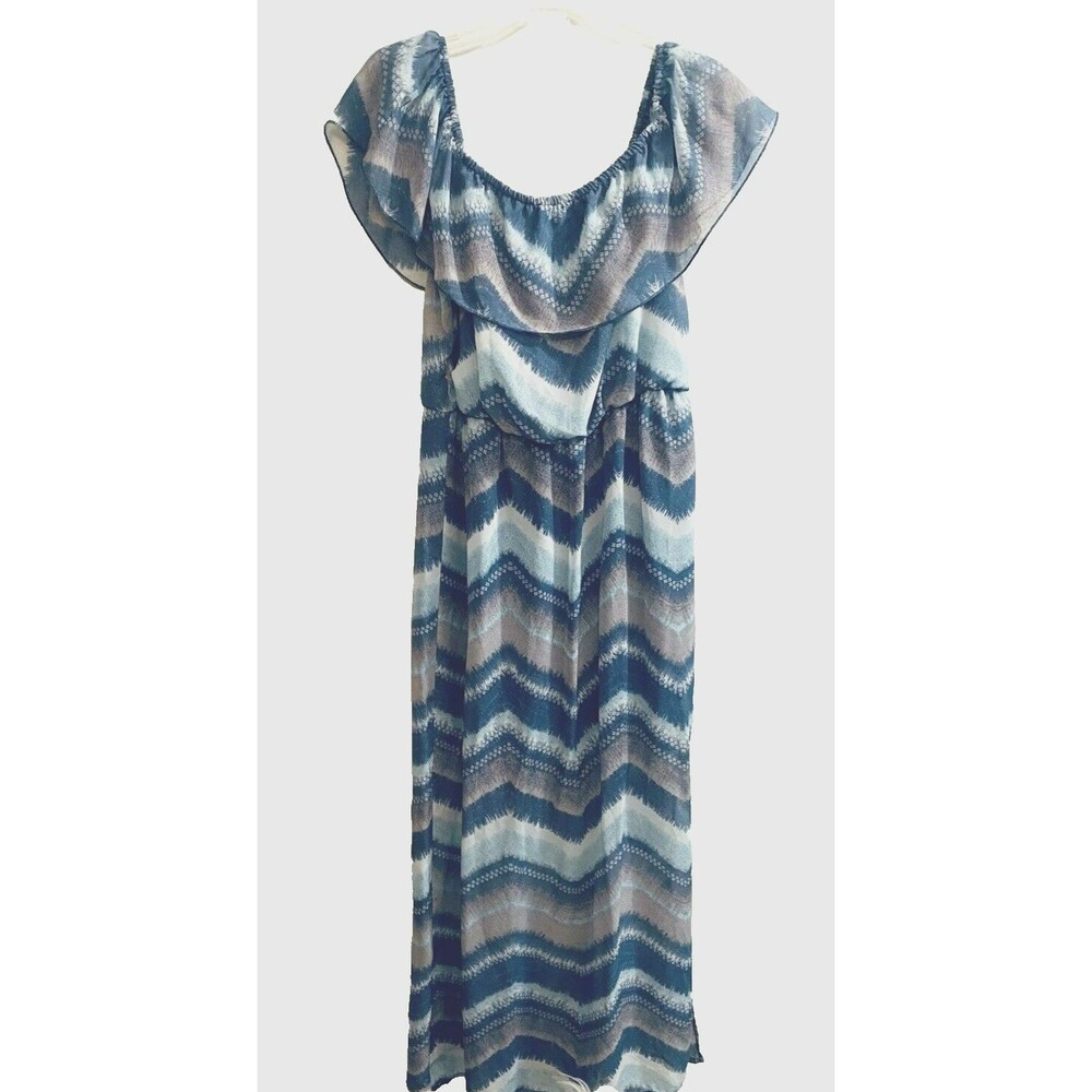 Bailey Blue Off Shoulder Maxi Dress Womens XL Blue Gray Chiffon Chevron Ruffled